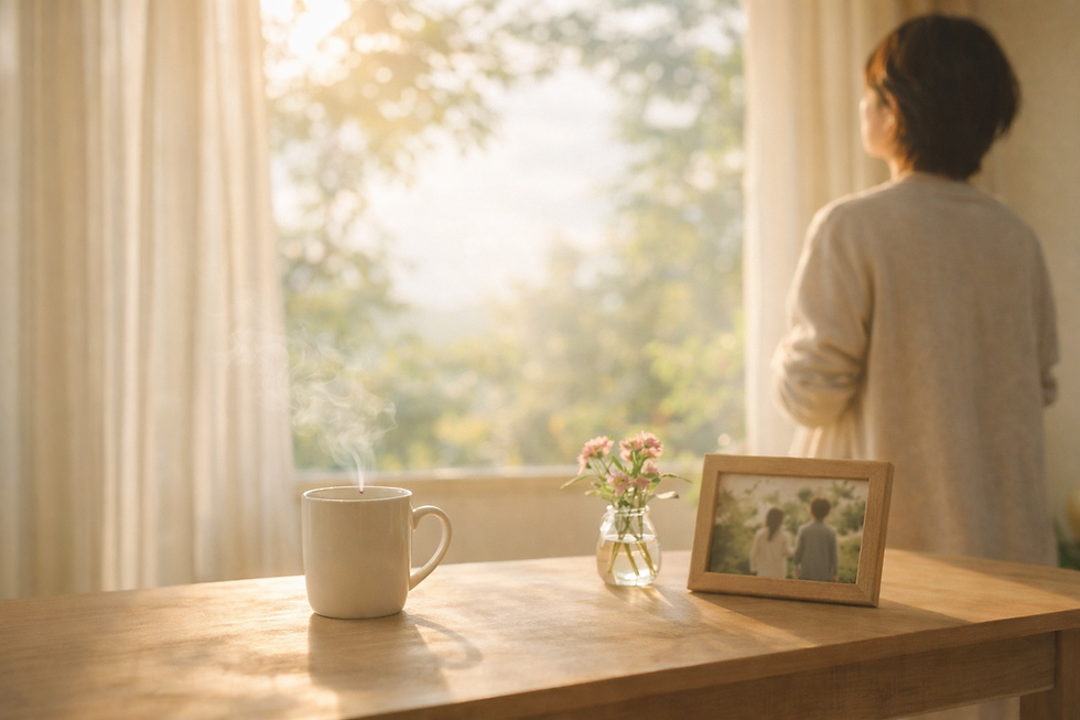 朝のやわらかな光が差し込む窓辺と木のテーブル。湯気の立つお茶と小さな花、穏やかな時間の中で静かに心を整える朝の風景。
