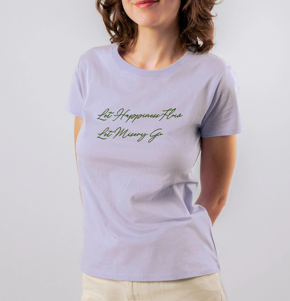 Organic Women T-shirt in lila color with text Let Happiness flow, Let misery go