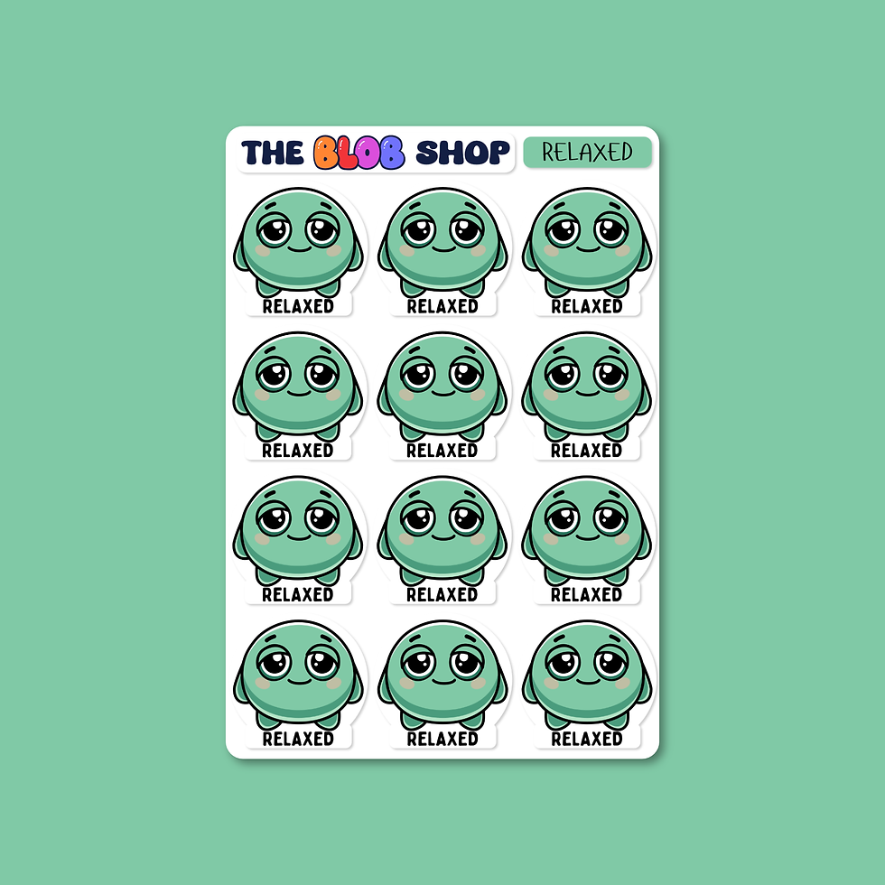 Sticker sheet from The Blob Shop titled 'Relaxed', featuring twelve identical Relaxed Blobby characters with a peaceful expression to help children recognise and express feelings of calm