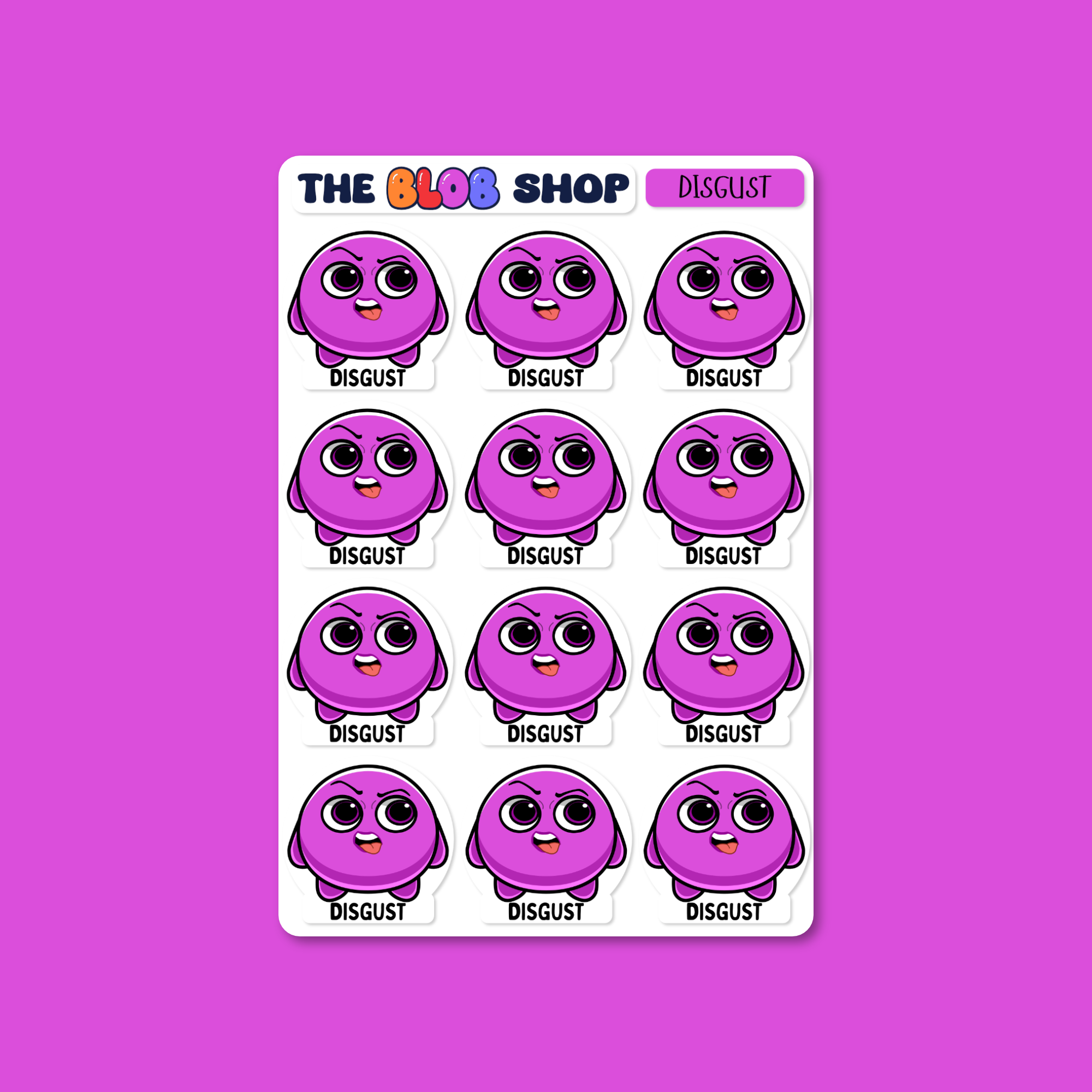 Sticker sheet from The Blob Shop titled 'Disgust', featuring twelve identical Disgust Blobby characters with crinkled expressions to help children recognise and express feelings of dislike or discomfort