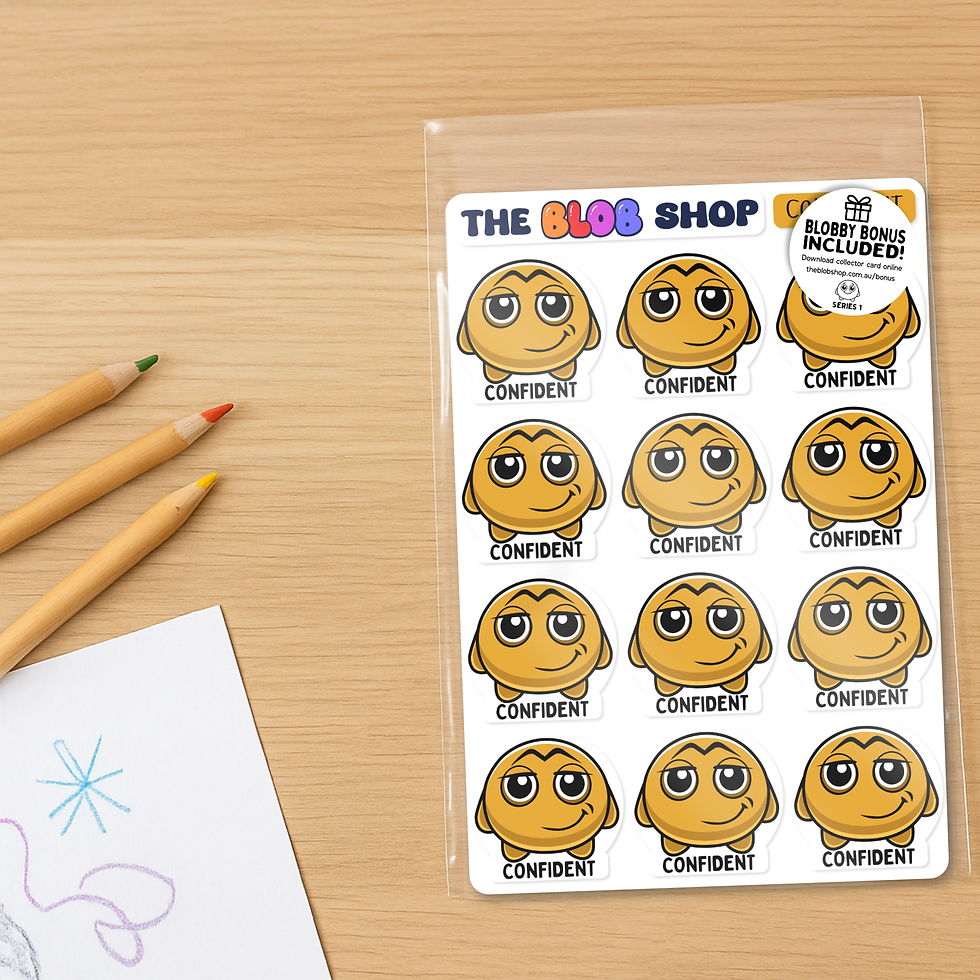 Sticker sheet from The Blob Shop titled 'Confident', featuring twelve identical Confident Blobby characters with a self-assured expression to help children recognise and celebrate confidence