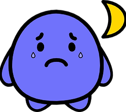 Small blue-purple Blobby sitting quietly under a crescent moon, showing nighttime sadness or emotional withdrawal.