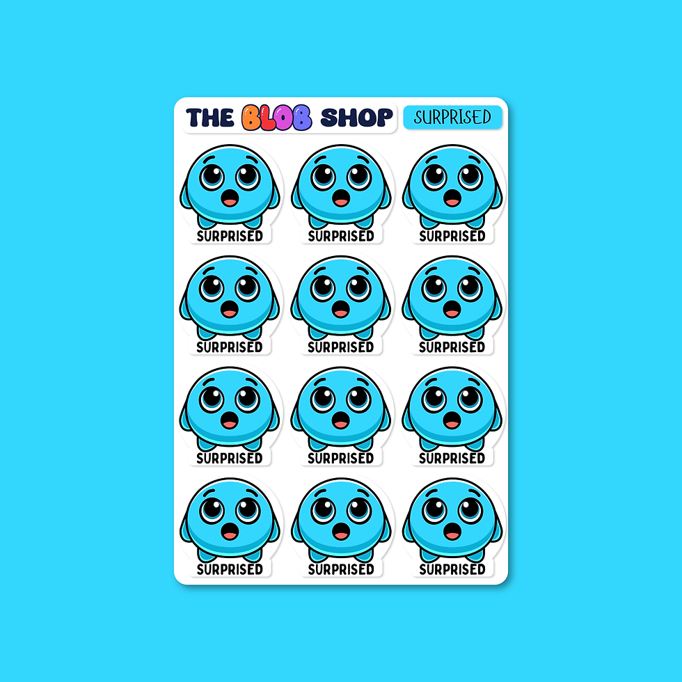 Sticker sheet from The Blob Shop titled 'Surprised', featuring twelve identical Surprised Blobby characters with wide eyes and lifted brows to help children recognise and express moments of surprise or wonder