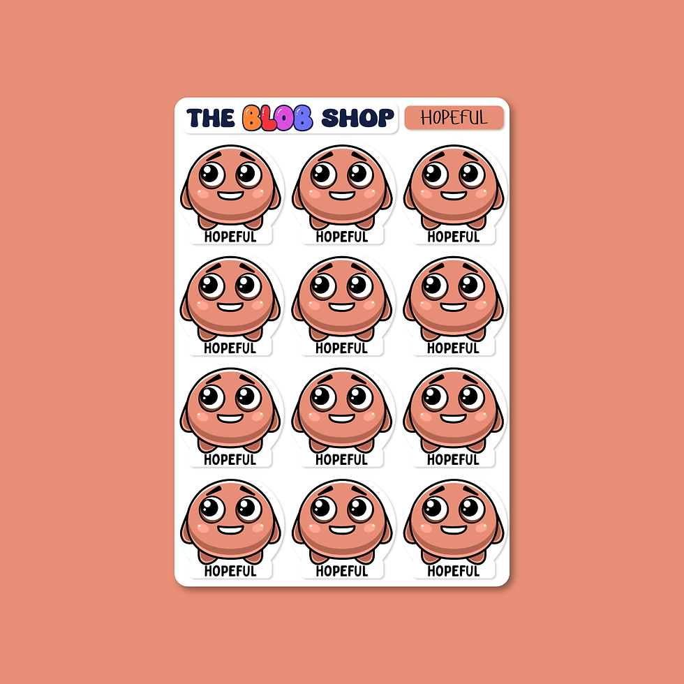 Sticker sheet from The Blob Shop titled 'Hopeful', featuring twelve identical Hopeful Blobby characters with bright, upward-looking eyes to help children express feelings of optimism and possibility