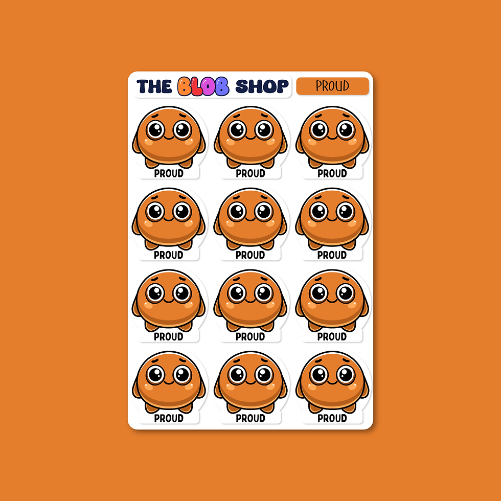 Sticker sheet from The Blob Shop titled 'Proud', featuring twelve identical Proud Blobby characters with bright eyes and uplifted posture to help children express pride in their achievements