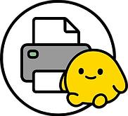 Happy yellow Blobby next to a printer and scissors, illustrating how to print and prepare Blobby resources for use.