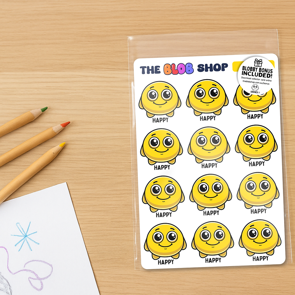 Sticker sheet from The Blob Shop titled 'Happy', featuring twelve identical Happy Blobby characters with wide smiles and cheerful eyes to help children express feelings of joy and positivity