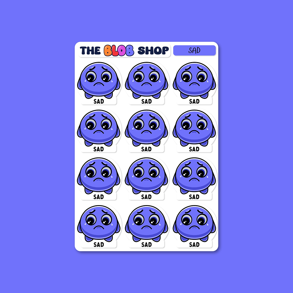 Sticker sheet from The Blob Shop titled 'Sad', featuring twelve identical Sad Blobby characters with teary eyes and frowns to help children recognise and express feelings of sadness