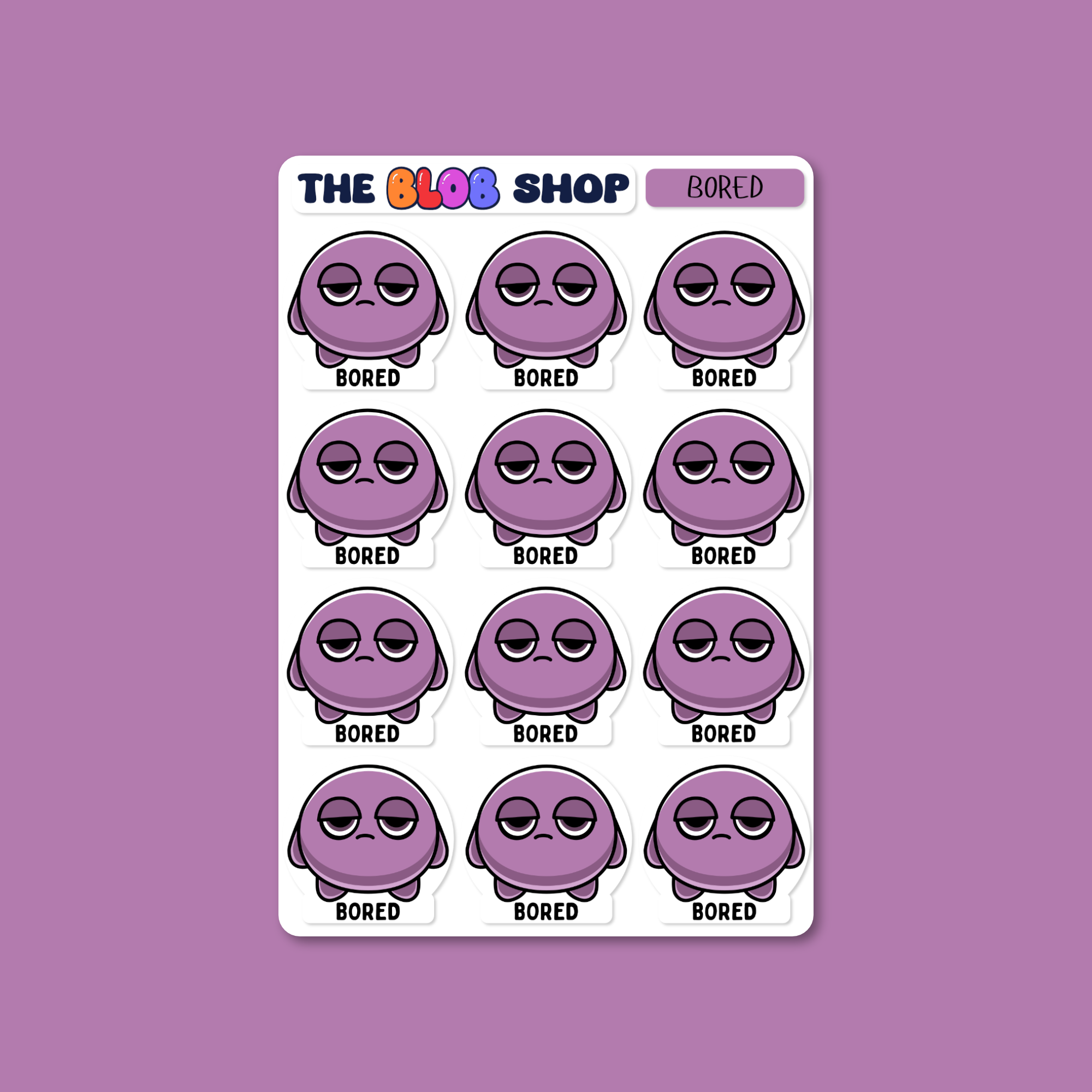 Sticker sheet from The Blob Shop titled 'Bored', featuring twelve identical Bored Blobby characters with droopy eyelids and uninterested expressions to help children identify and express feelings of boredom
