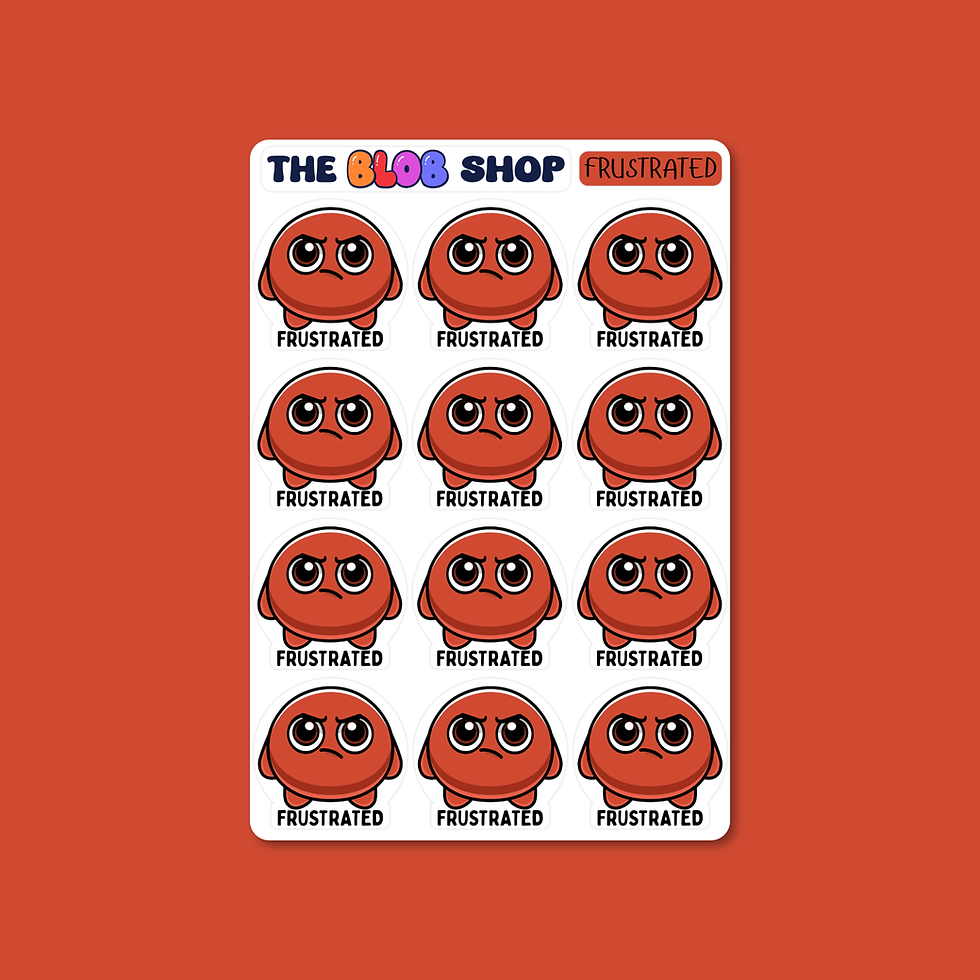 Sticker sheet from The Blob Shop titled 'Frustrated', featuring twelve identical Frustrated Blobby characters with tense expressions to help children identify and express feelings of irritation or overwhelm