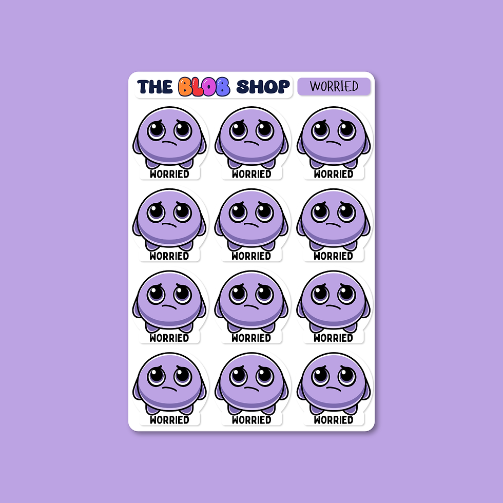 Sticker sheet from The Blob Shop titled 'Worried', featuring twelve identical Worried Blobby characters with anxious expressions to help children identify and express feelings of concern or unease
