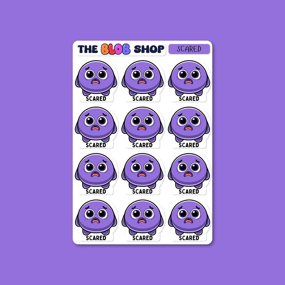 Sticker sheet from The Blob Shop titled 'Scared', featuring twelve identical Scared Blobby characters with wide eyes and worried expressions to help children express fear or anxiety in a safe and supportive way