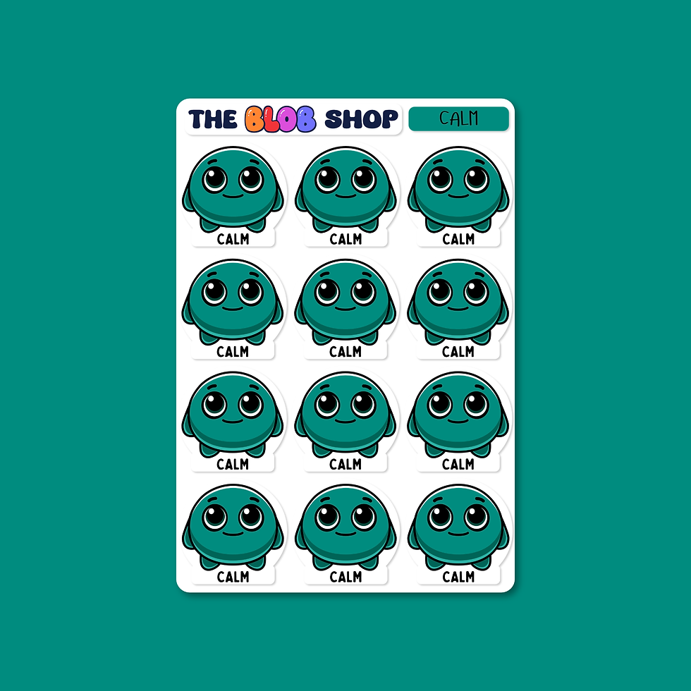 Sticker sheet from The Blob Shop titled 'Relaxed', featuring twelve identical Relaxed Blobby characters with a peaceful expression to help children recognise and express feelings of calm