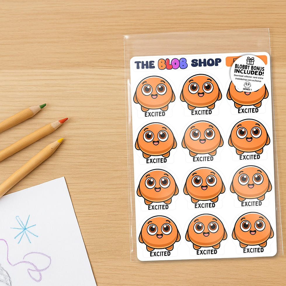 Sticker sheet from The Blob Shop titled 'Excited', featuring twelve identical Excited Blobby characters with sparkling eyes and big smiles to help children recognise and express joyful anticipation