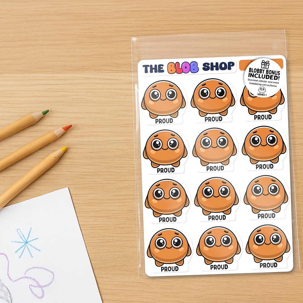 Sticker sheet from The Blob Shop titled 'Proud', featuring twelve identical Proud Blobby characters with bright eyes and uplifted posture to help children express pride in their achievements