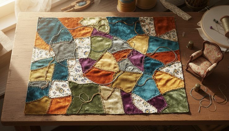 Overhead view of fabric pieces arranged for a crazy patchwork composition.