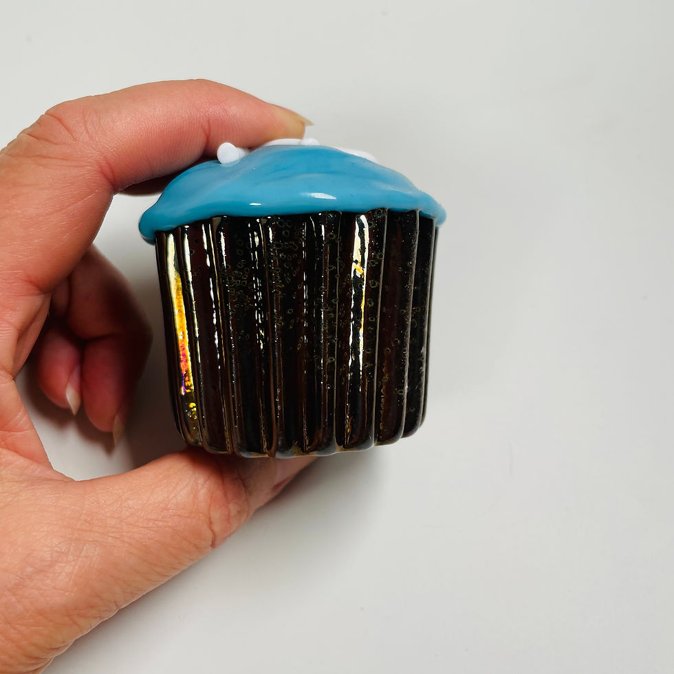 Thumbnail: Blue frosted cupcake with flowers and dots