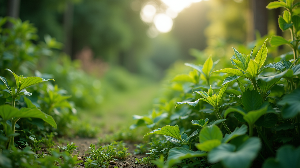 Eye-level view of a lush green garden with diverse plants