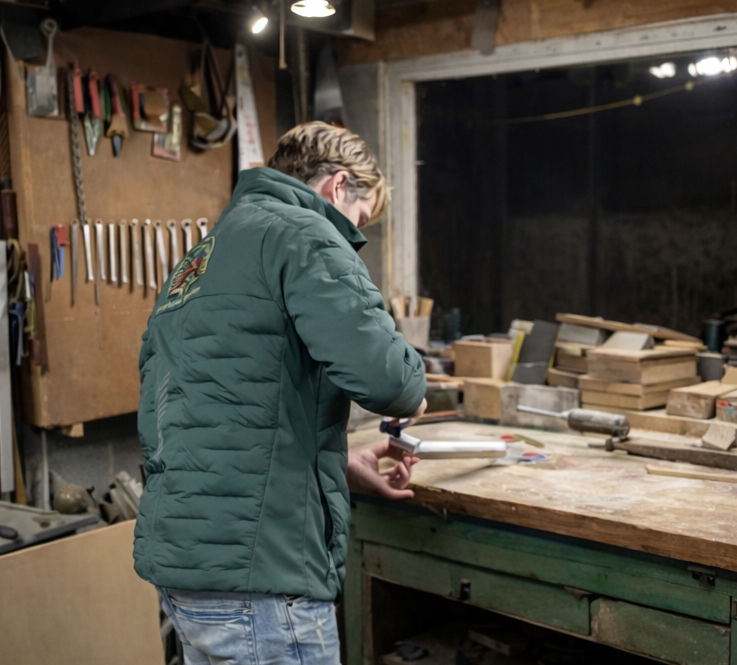 De geschenkmeester is een luxe snijplank aan het maken.