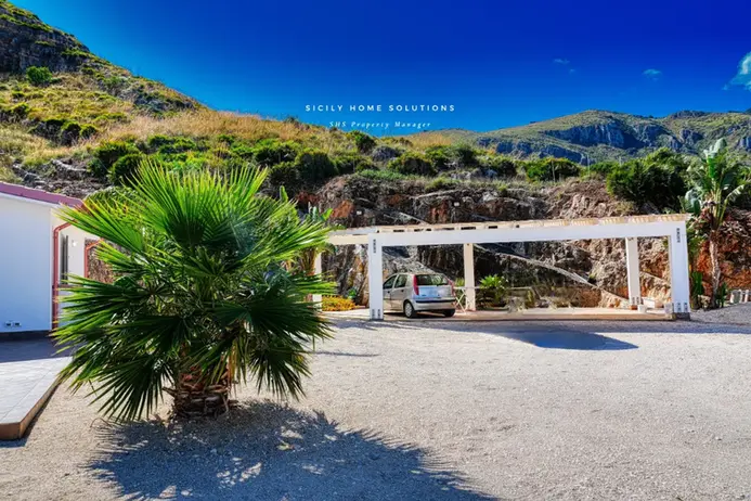 Palma in primo piano, SICULO HOME SOLUTIONS, Scopello Rental Villas, montagne e struttura bianca.