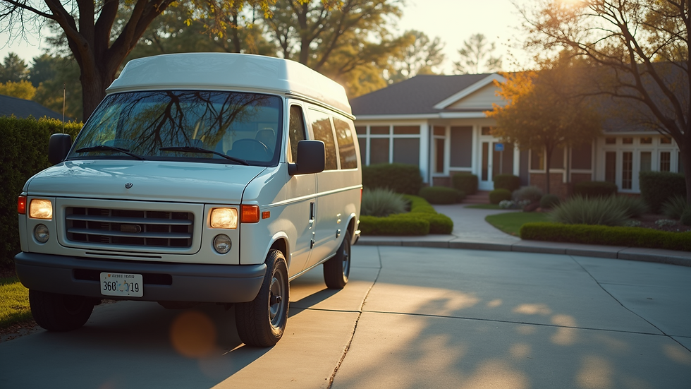 Eye-level view of a community van parked outside a senior center