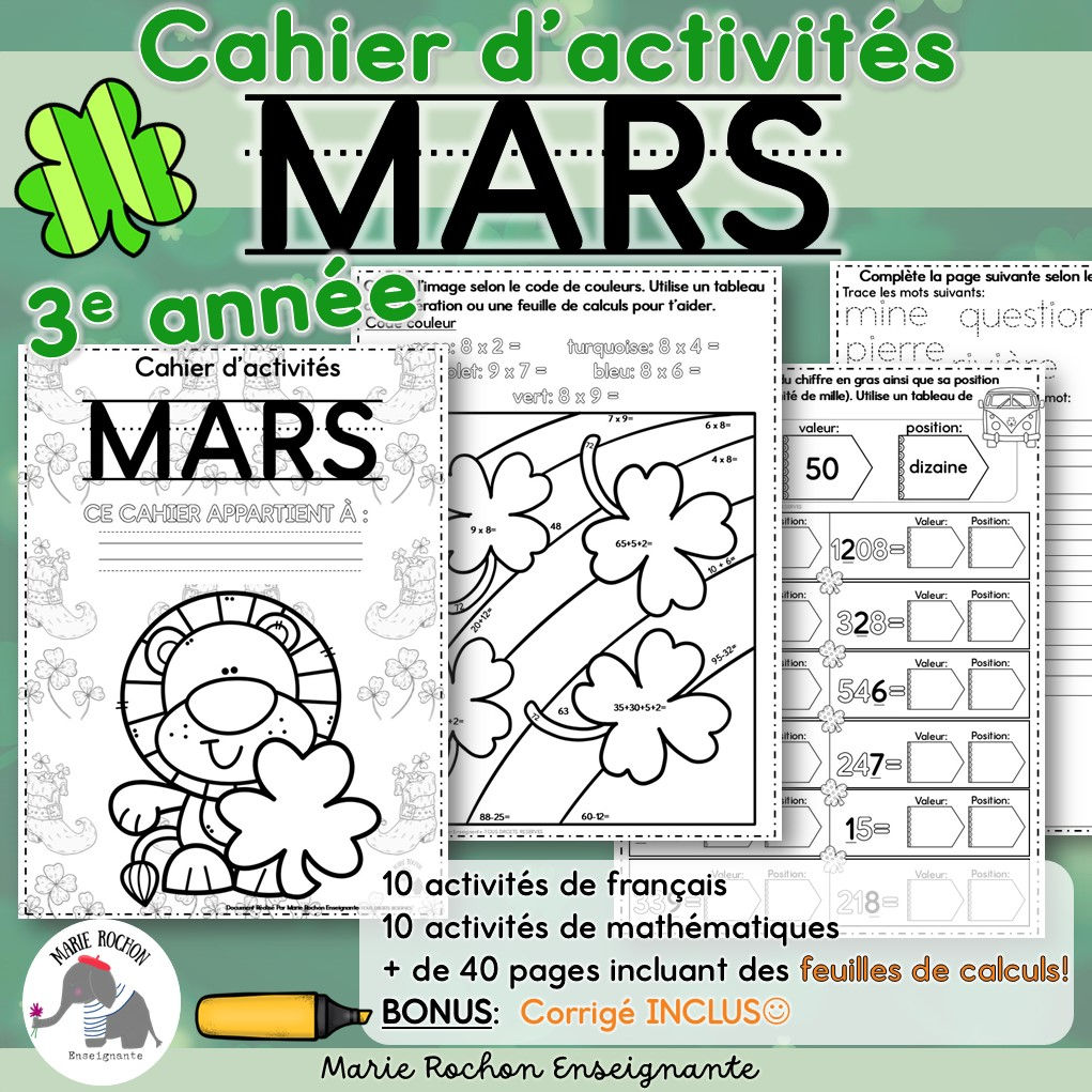 Cahier d'activités imprimable mars – 3e année / CE2 / P3