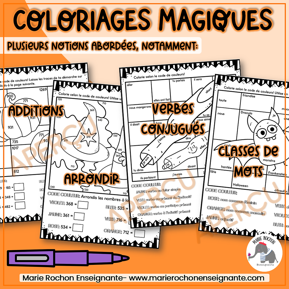 Miniature : coloriage magique halloween verbes conjugués classes de mots additions soustractions solides