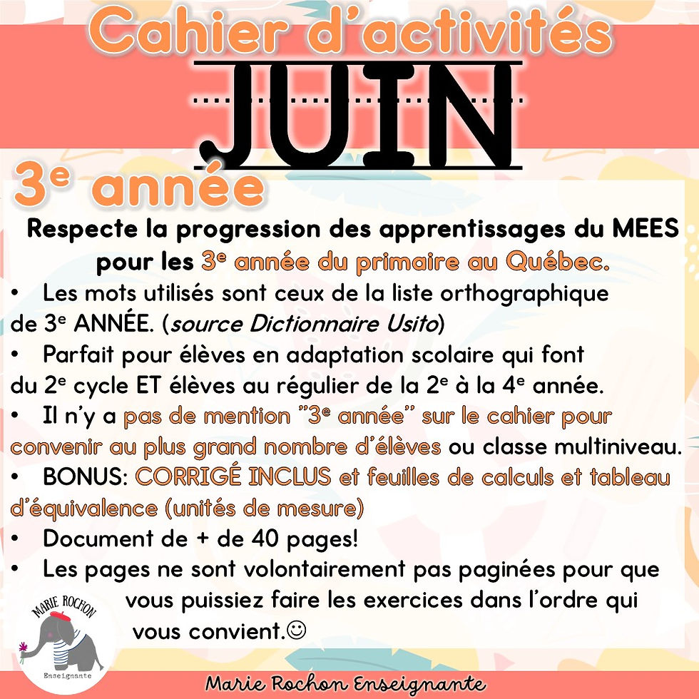 Miniature : Cahier d'activités imprimable juin – 3e année / CE2 / P3