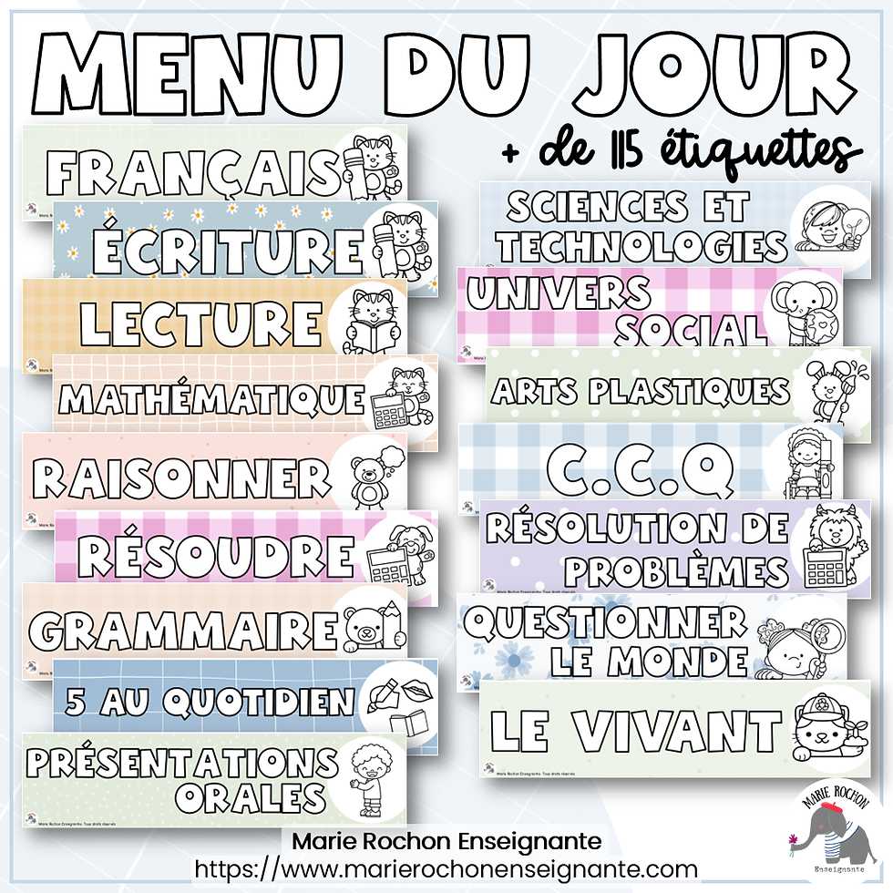 Miniature : étiquettes menu du jour matières périodes routine classe primaire