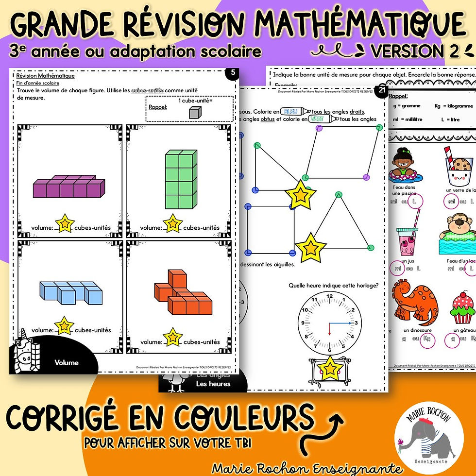 Miniature : Exercices de révision mathématique pour la 3e année / CE2 / P3 : arithmétique, géométrie, mesure, fractions, statistiques.