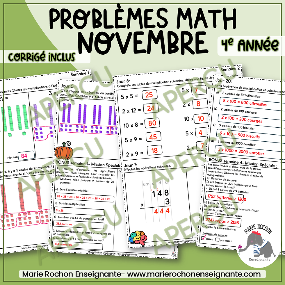 Miniature : Problèmes mathématiques Novembre – Routine du matin 4e année | 24 activités