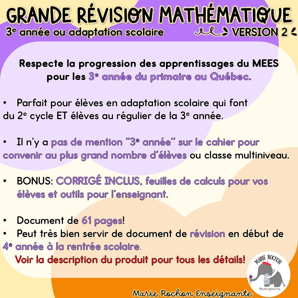 Miniature : Exercices de révision mathématique pour la 3e année / CE2 / P3 : arithmétique, géométrie, mesure, fractions, statistiques.