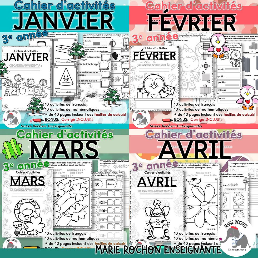 Miniature : Ensemble de cahiers d'activités mensuels à imprimer pour la 3e année / CE2 / P3