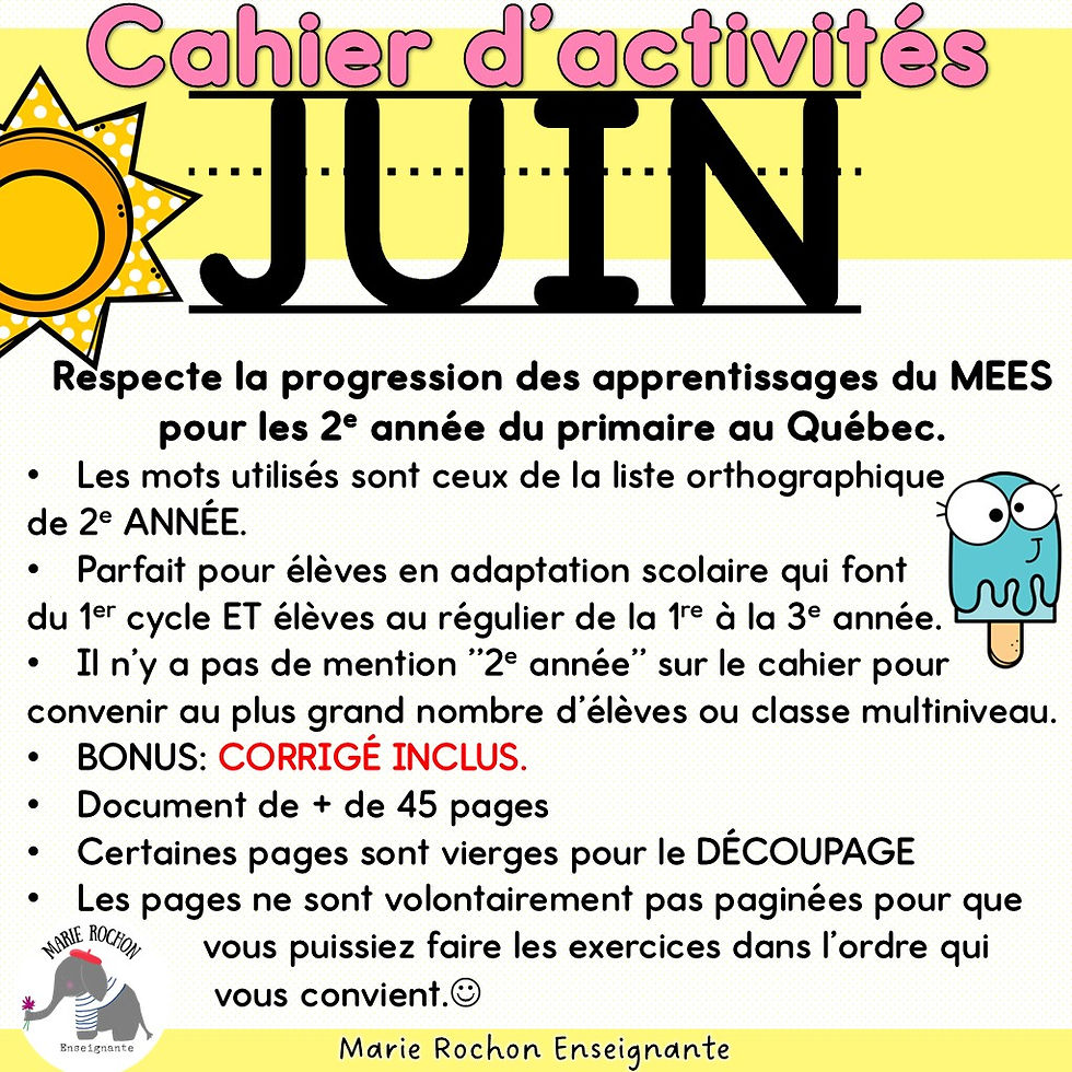 Miniature : Cahier d'activités imprimable juin – 2e année / CE1 / P2