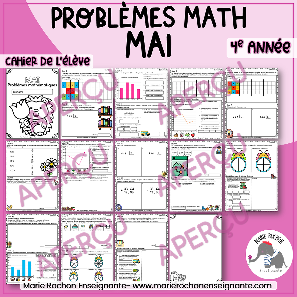 Miniature : Problèmes mathématiques Mai – Routine du matin 4e année | 24 activités
