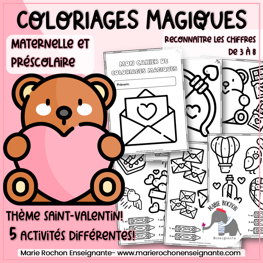 Coloriages magiques maternelle Saint-Valentin – Chiffres de 3 à 8