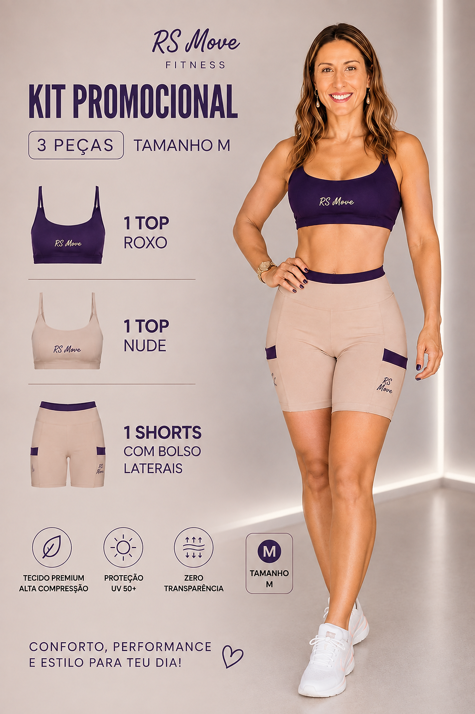 KIT 2 tops e 1 short com bolso lateral 