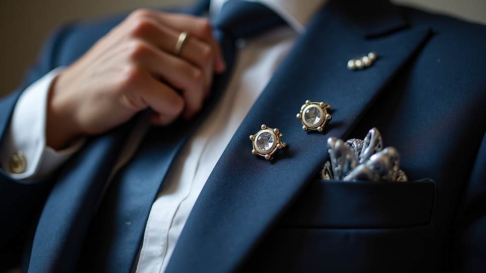 High angle view of wedding suit accessories including tie, cufflinks, and pocket square