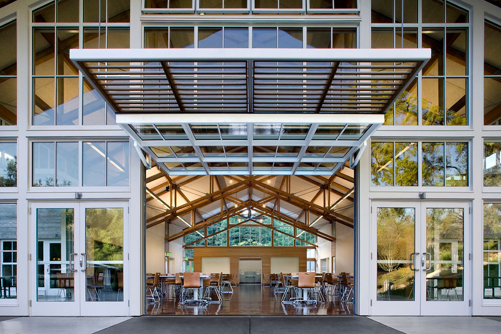 Branson School Student Commons featuring operable glass walls and architectural glass systems connecting indoor and outdoor gathering spaces