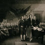 A painting of the signers of the Declaration of Independence in Independence Hall