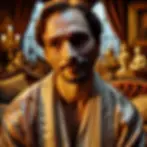 a man sits in a luxurious palace with a sad smile on his face. He's wearing a soft robe.