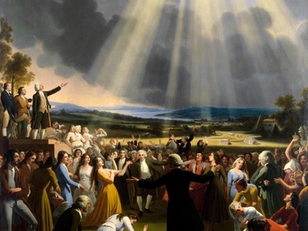 a man preaching to a group of people falling down as rays of sunshine burst through the clouds, symbolizing the great awakening's impact on american independence