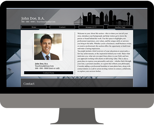 Computer monitor showing a website created by Ashly Duran of Information Design Solution. Site is a professional portfolio with a modern style and an image of the Dallas, TX skyline. It's in shades of blue and gray.