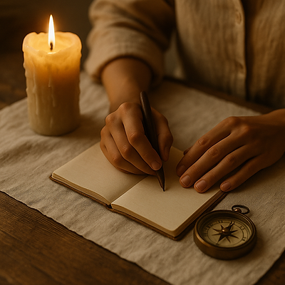 lit candle with hands pictured holding pen on journal next to compass