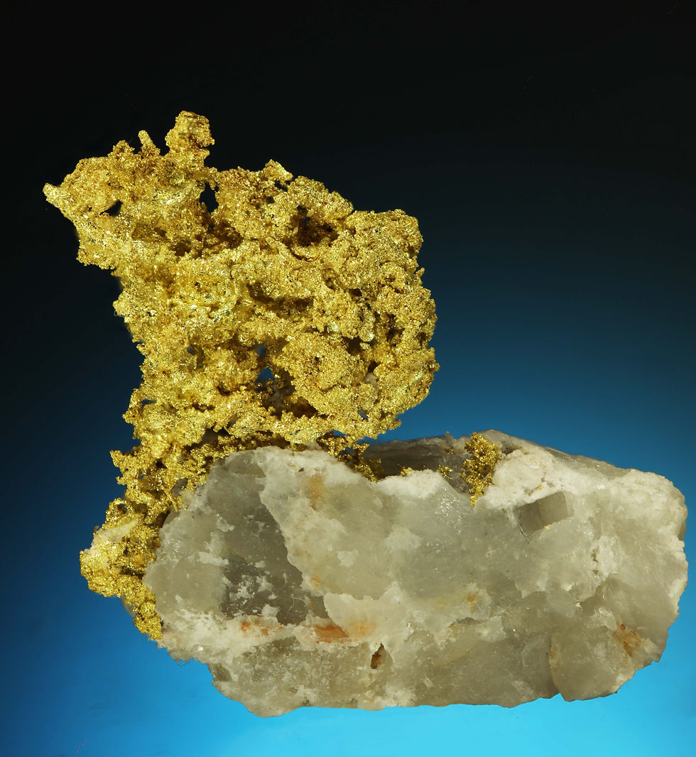 Thumbnail: Wire Gold Cluster on Quartz - Belshazzar Mine, Boise County, Idaho
