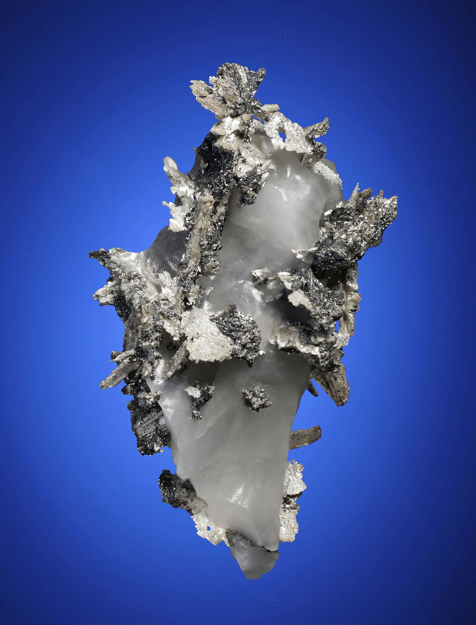 Thumbnail: Native Silver with Allargentum, Dyscrasite, and Actinolite in Calcite Matrix
