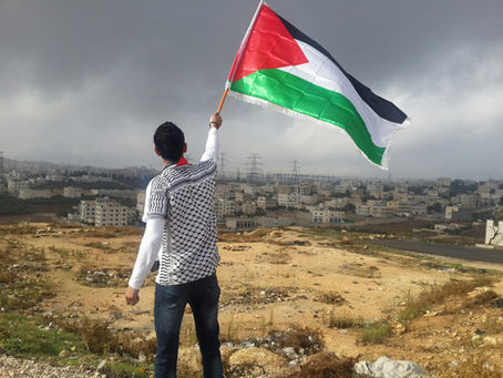 A young man holding a Palestinian flag overlooking the devastated city