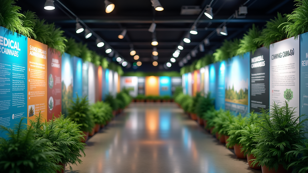 Eye-level view of a medical cannabis awareness event with informational displays
