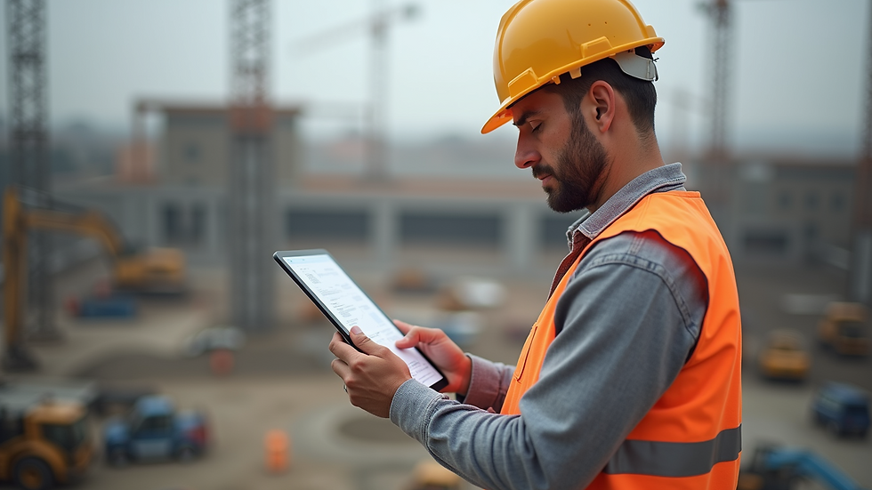 Eye-level view of a construction worker reviewing plans on a tablet