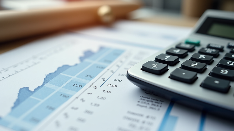 Close-up view of construction cost report and calculator on desk
